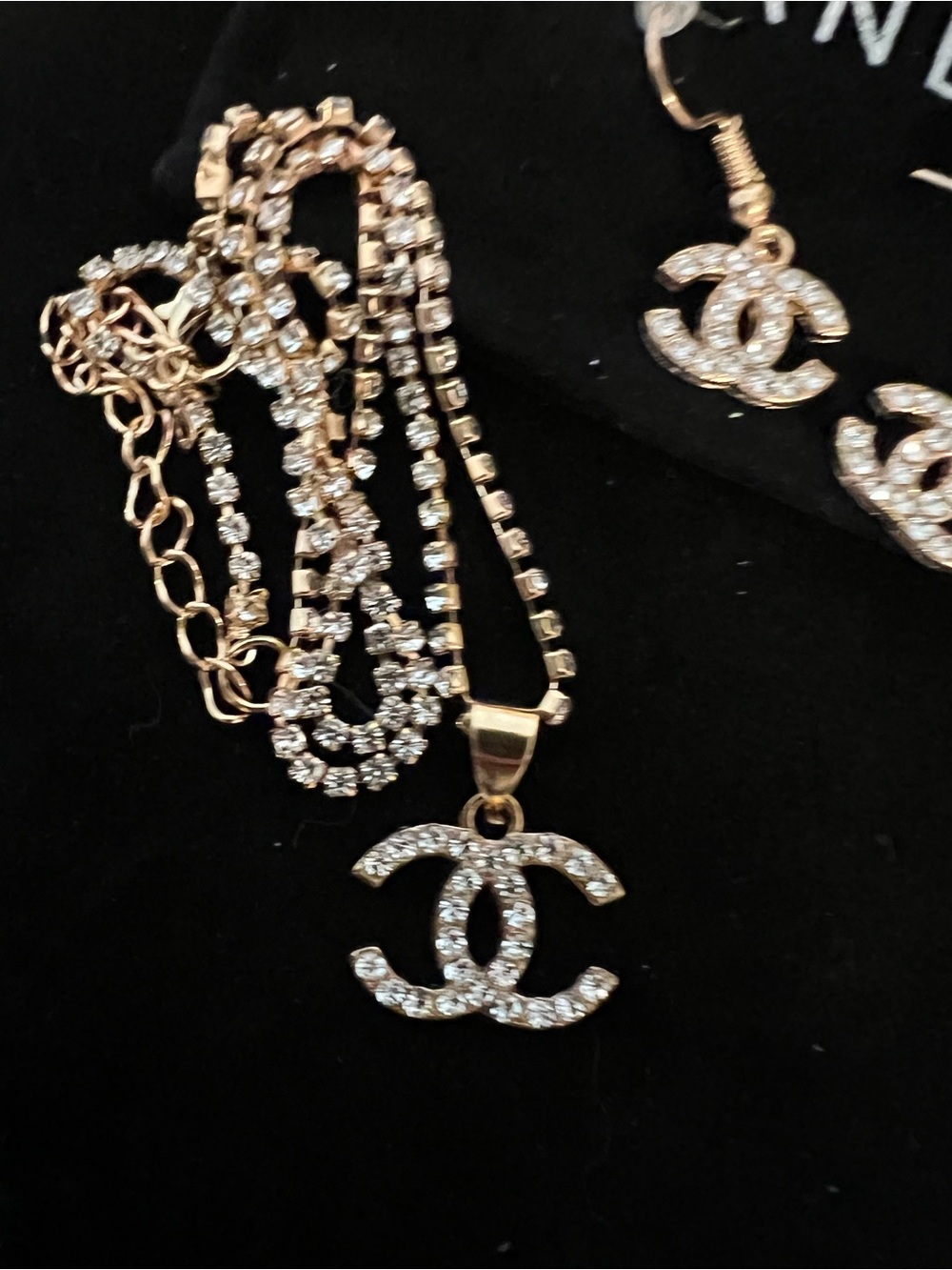 CHANEL Gold and Clear Crystal CC Pendant Necklace with Dangle Earrings - Picture 2 of 12